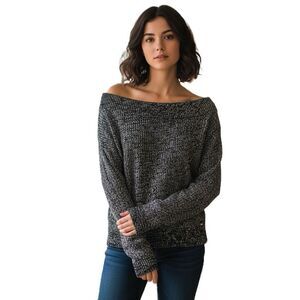 Guess Black and White Marled Off-Shoulder Knit Sweater